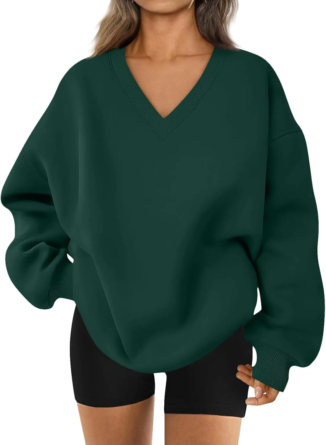 midelxp Womens Oversized V Neck Sweatshirt Trendy Casual Winter Fleece Pullover Sweaters Cute Preppy Long Sleeve Sweat Shirts