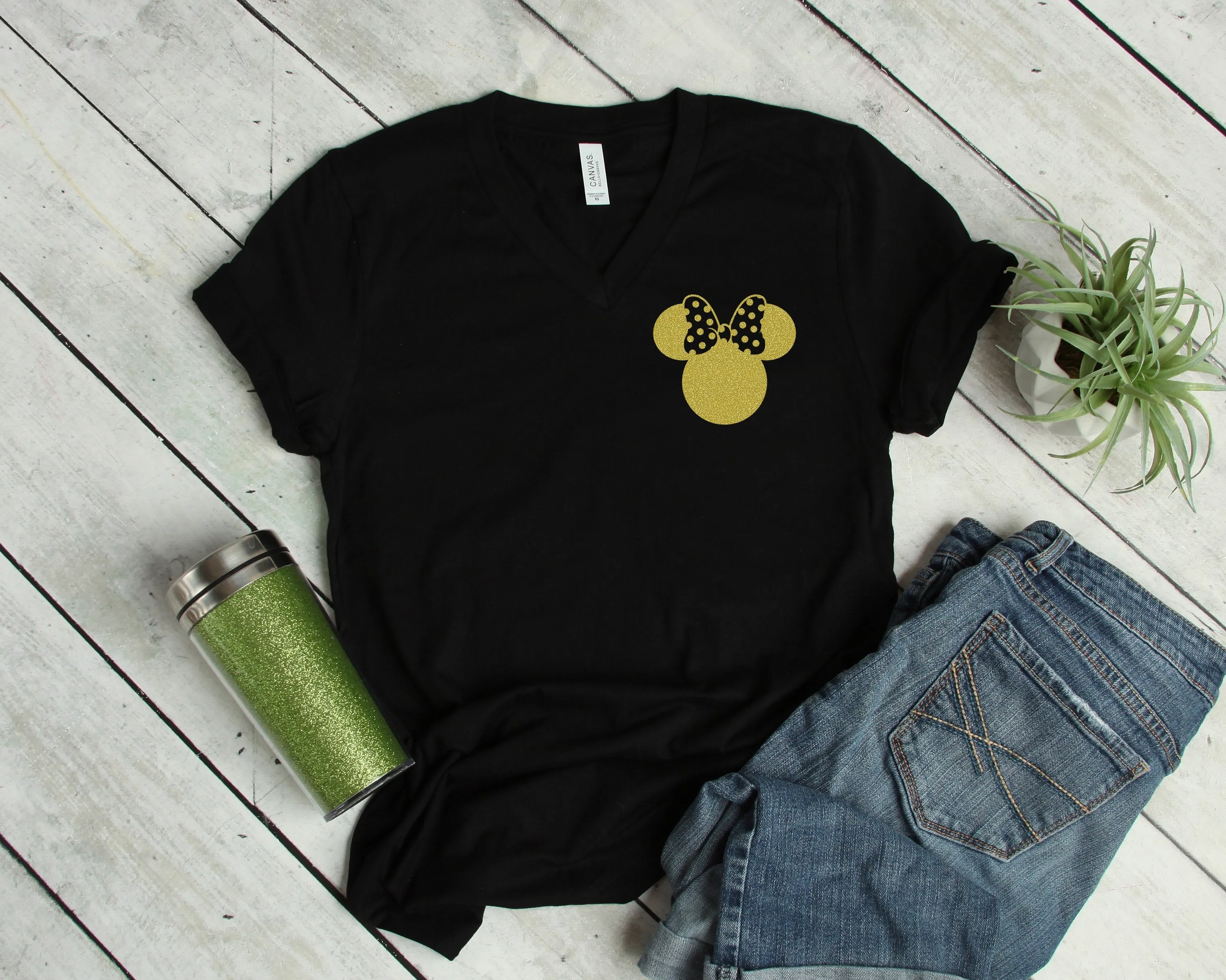 Minnie Mouse Pocket  Size - Left Chest Logo - Adult T shirt - Disney Trip Matching Shirts - Gold Glitter
