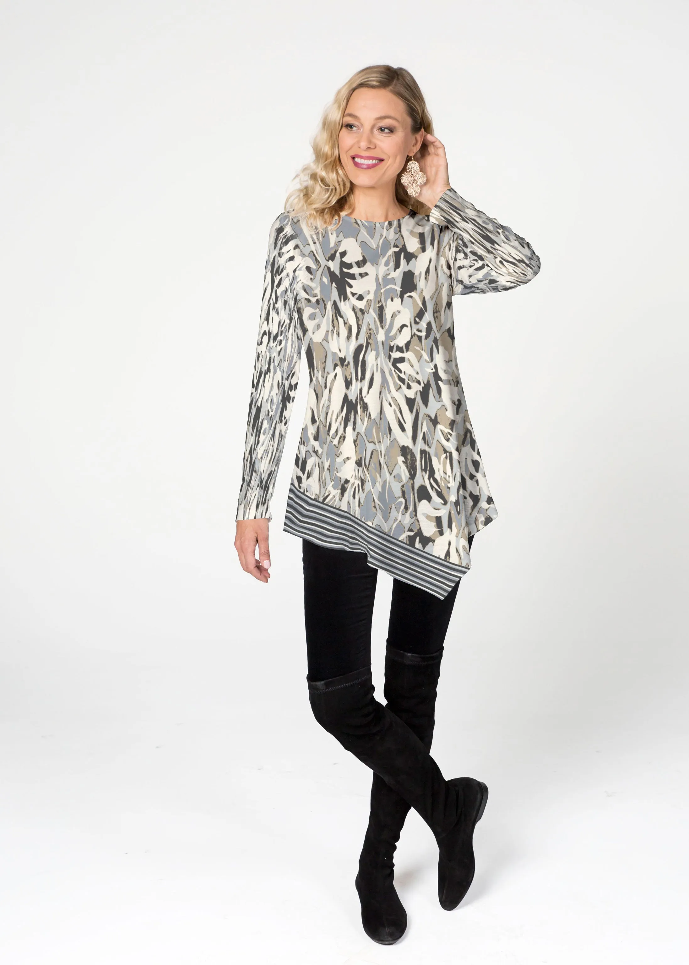 Mystic Floral Stripe Grey (19170) ~ Asymmetrical French Terry Tunic