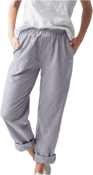 niuwa Cotton Linen Trousers for Women Solid Color Elastic Waist Casual Pants with Pockets Summer Casual Pants (Gray, XL)