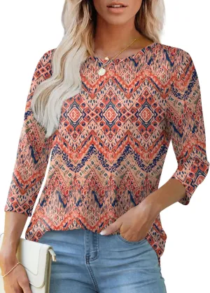 OFEEFAN 3/4 Length Sleeve Womens Tops Dressy Casual Spring Summer Round Neck Loose Fit Casual Eyelet Shirts