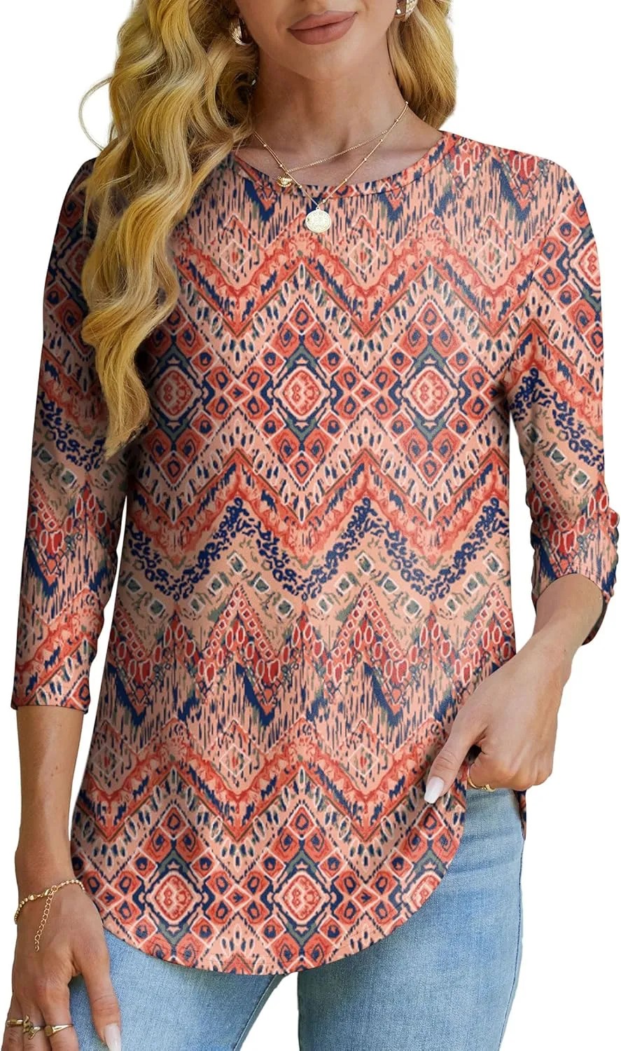 OFEEFAN 3/4 Length Sleeve Womens Tops Dressy Casual Spring Summer Round Neck Loose Fit Casual Eyelet Shirts