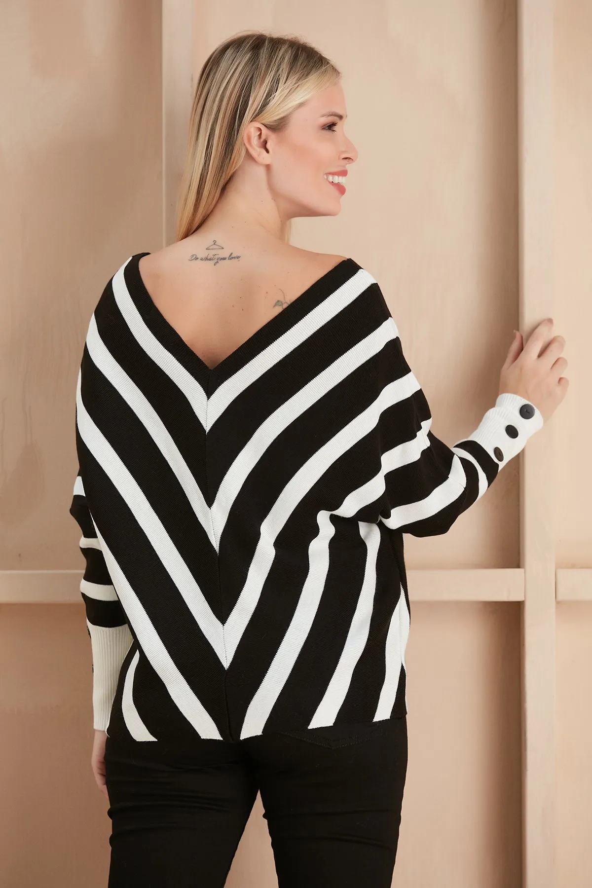 Off Shoulders Striped Knitted Sweater with Buttons in Black/White