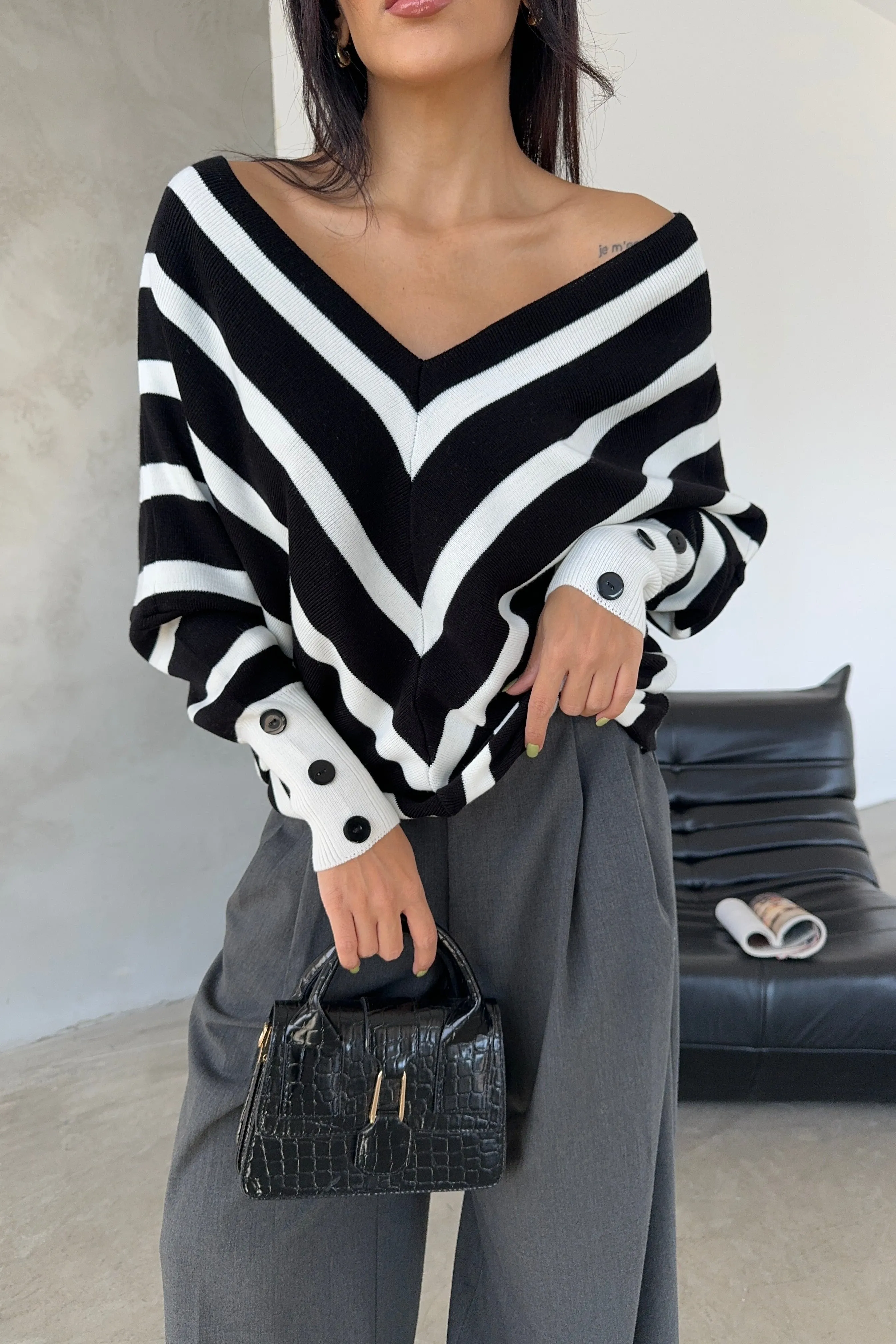 Off Shoulders Striped Knitted Sweater with Buttons in Black/White