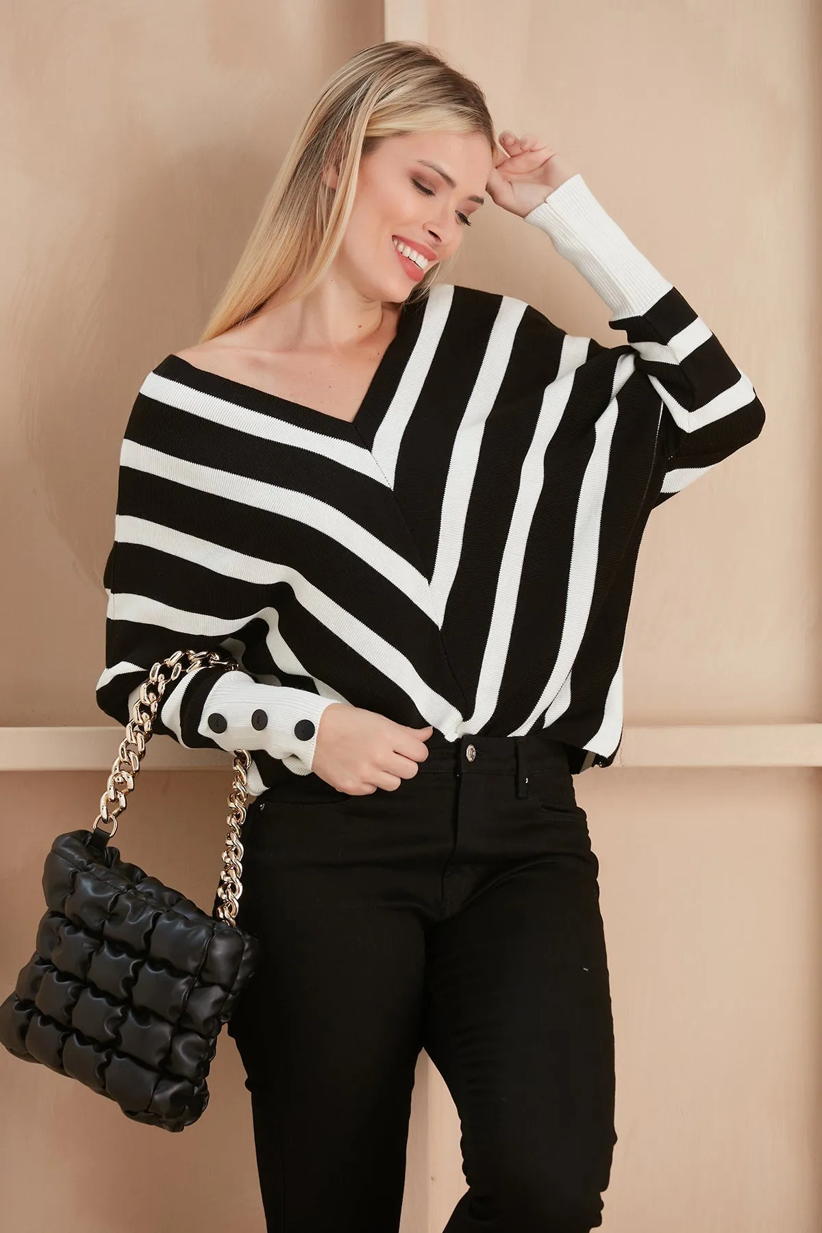 Off Shoulders Striped Knitted Sweater with Buttons in Black/White