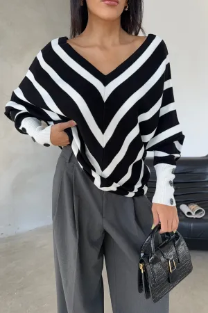 Off Shoulders Striped Knitted Sweater with Buttons in Black/White