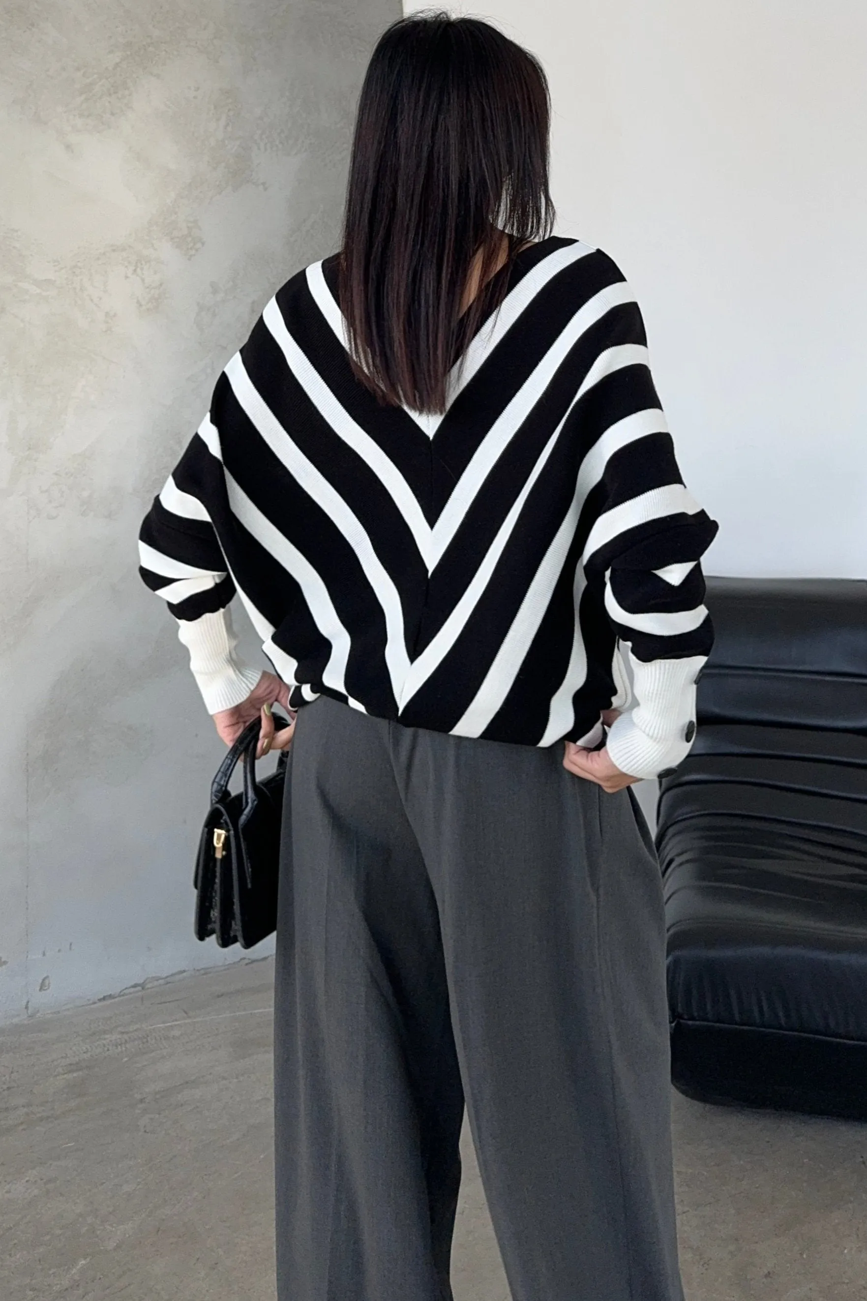 Off Shoulders Striped Knitted Sweater with Buttons in Black/White