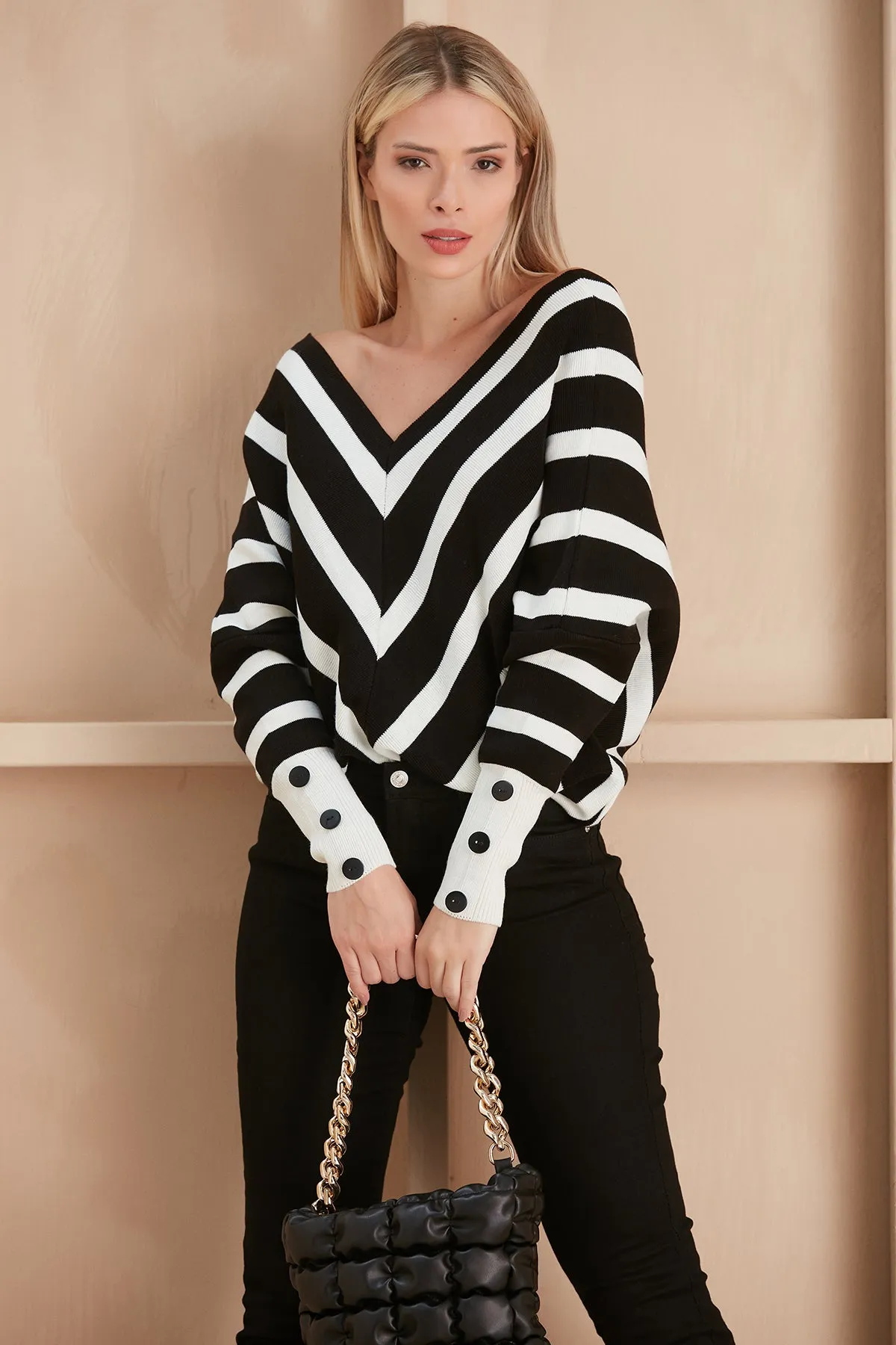 Off Shoulders Striped Knitted Sweater with Buttons in Black/White