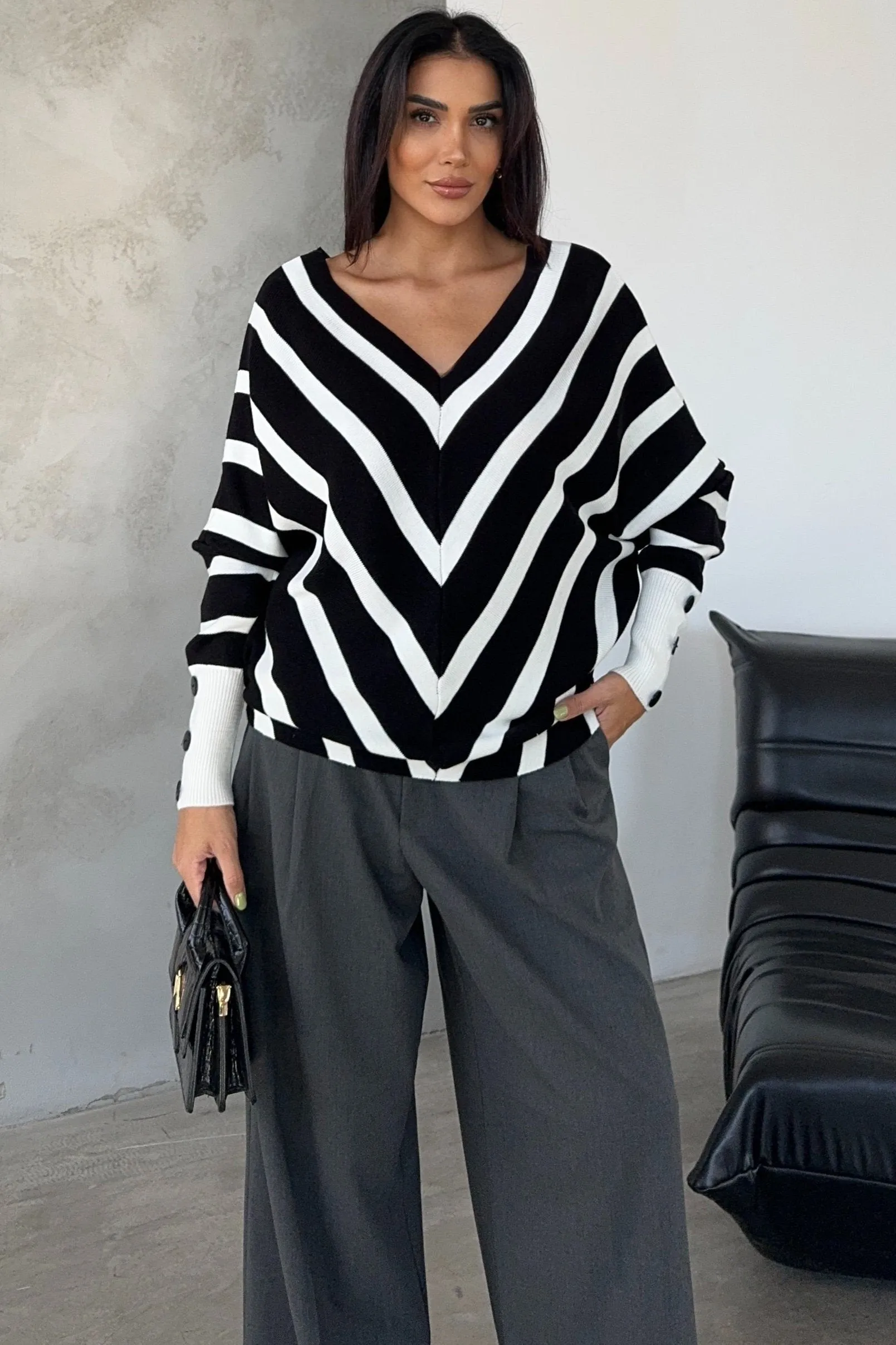 Off Shoulders Striped Knitted Sweater with Buttons in Black/White
