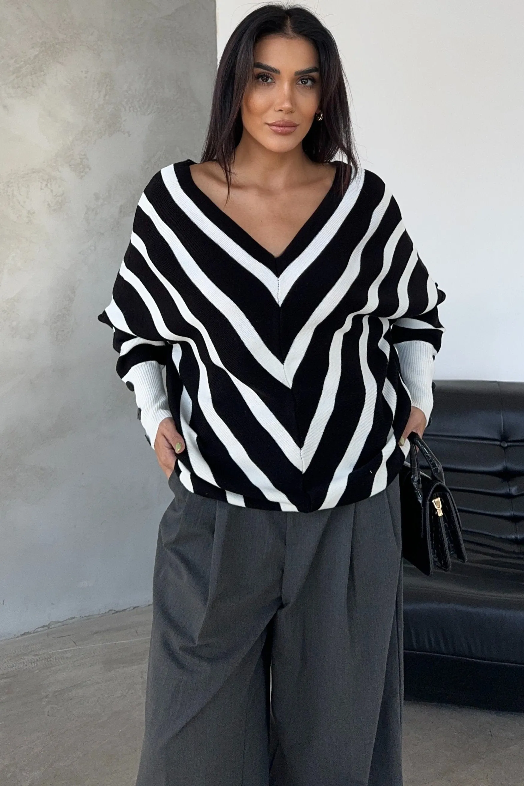 Off Shoulders Striped Knitted Sweater with Buttons in Black/White