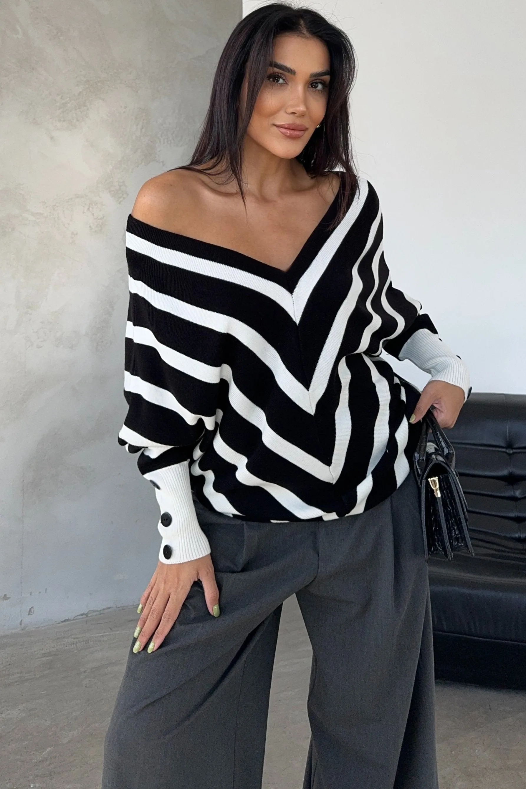 Off Shoulders Striped Knitted Sweater with Buttons in Black/White