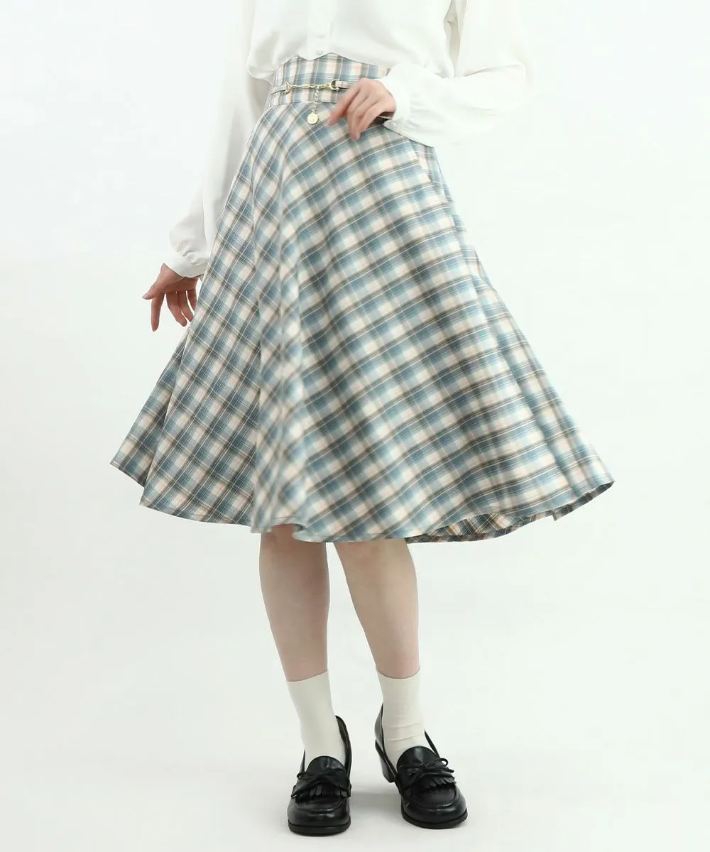 Pastel Check Flared Skirt with Coin Chain / F&A