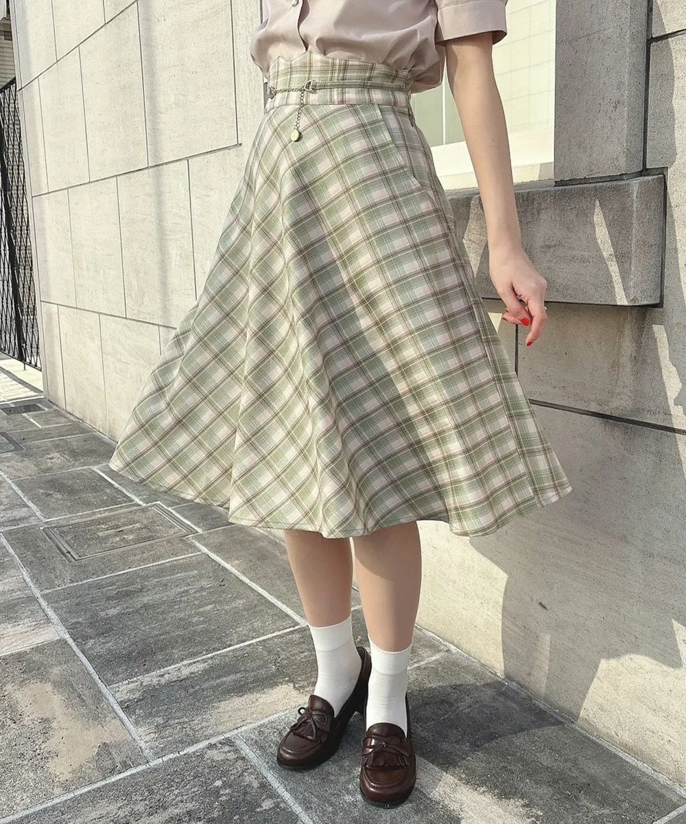 Pastel Check Flared Skirt with Coin Chain / F&A