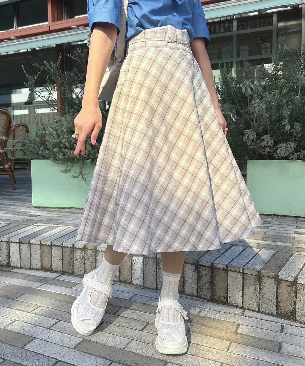 Pastel Check Flared Skirt with Coin Chain / F&A