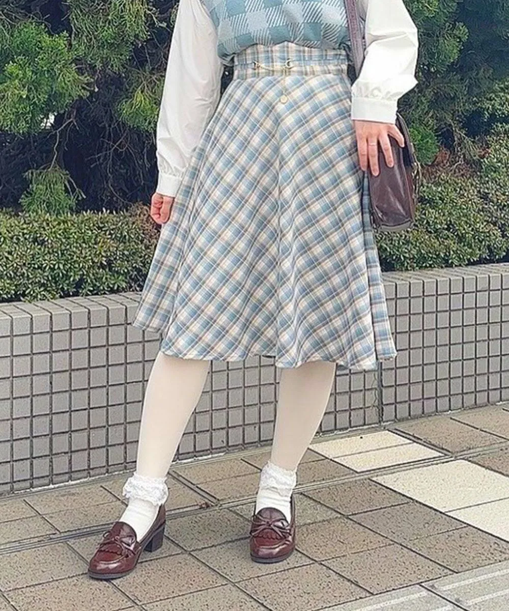 Pastel Check Flared Skirt with Coin Chain / F&A