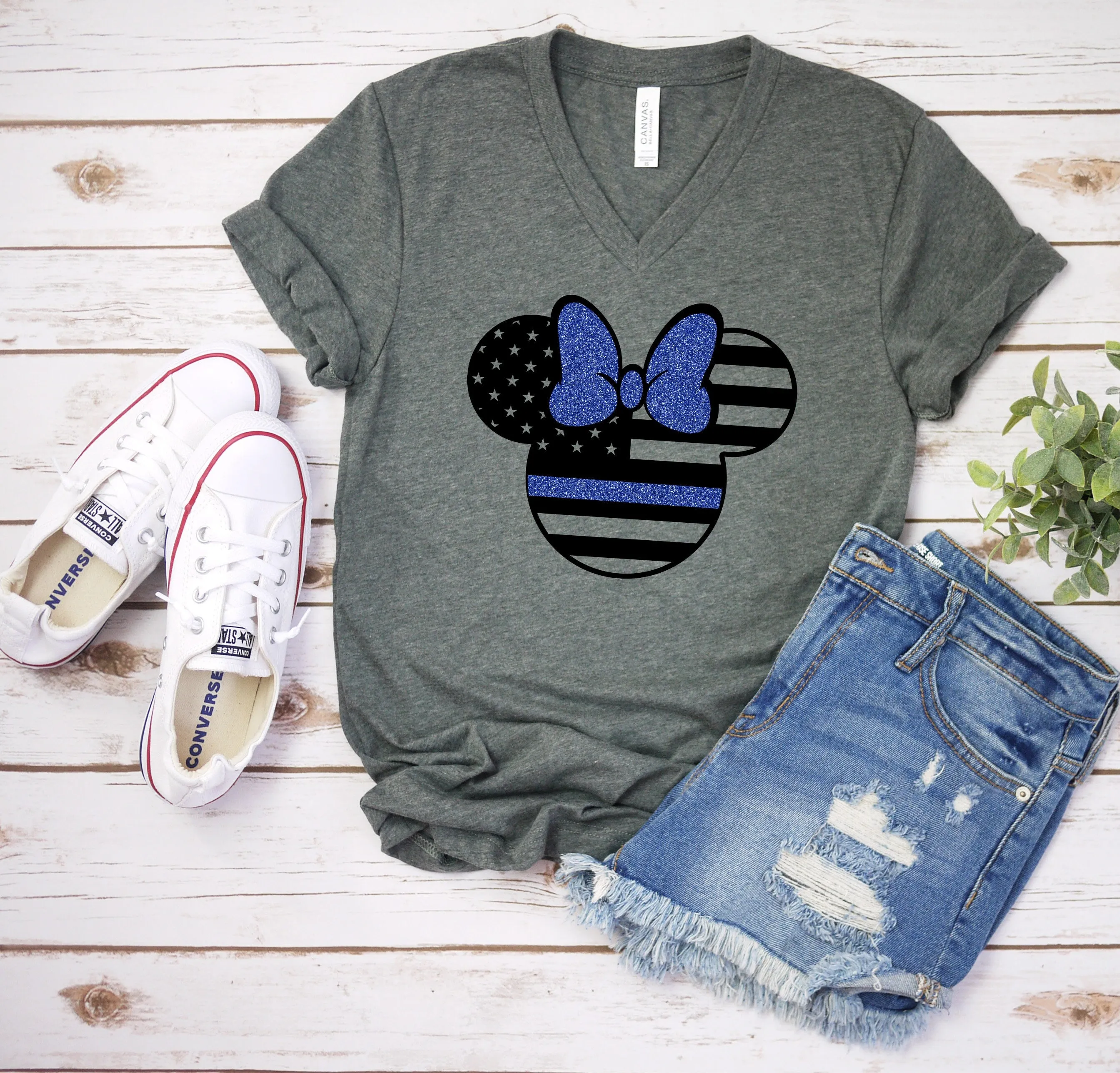 Police Minnie Mouse T Shirt -Blue Glitter Line - Front Line - Officer - Adult Disney Shirt - Law Enforcement