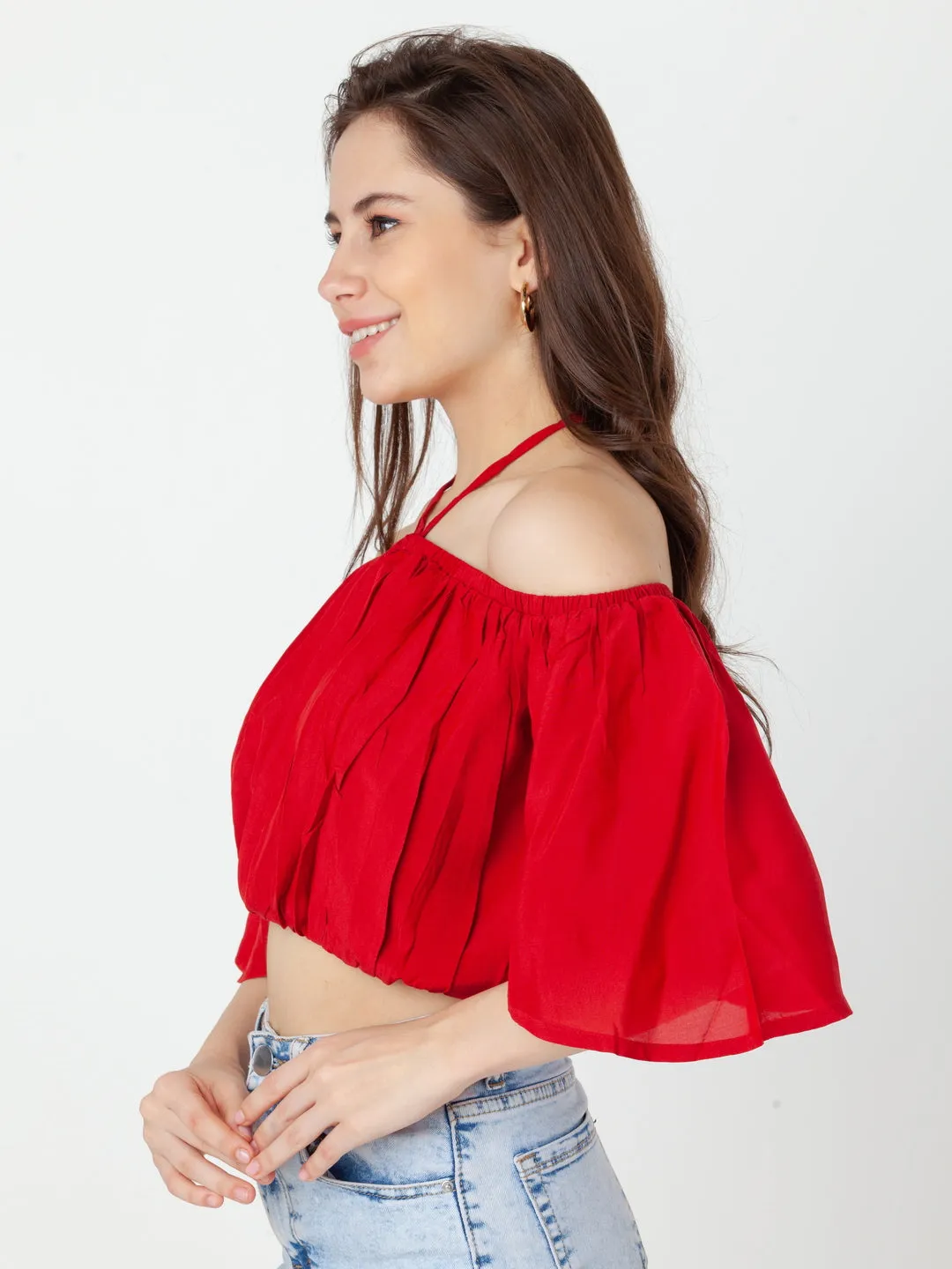 Red Solid Bardot Top