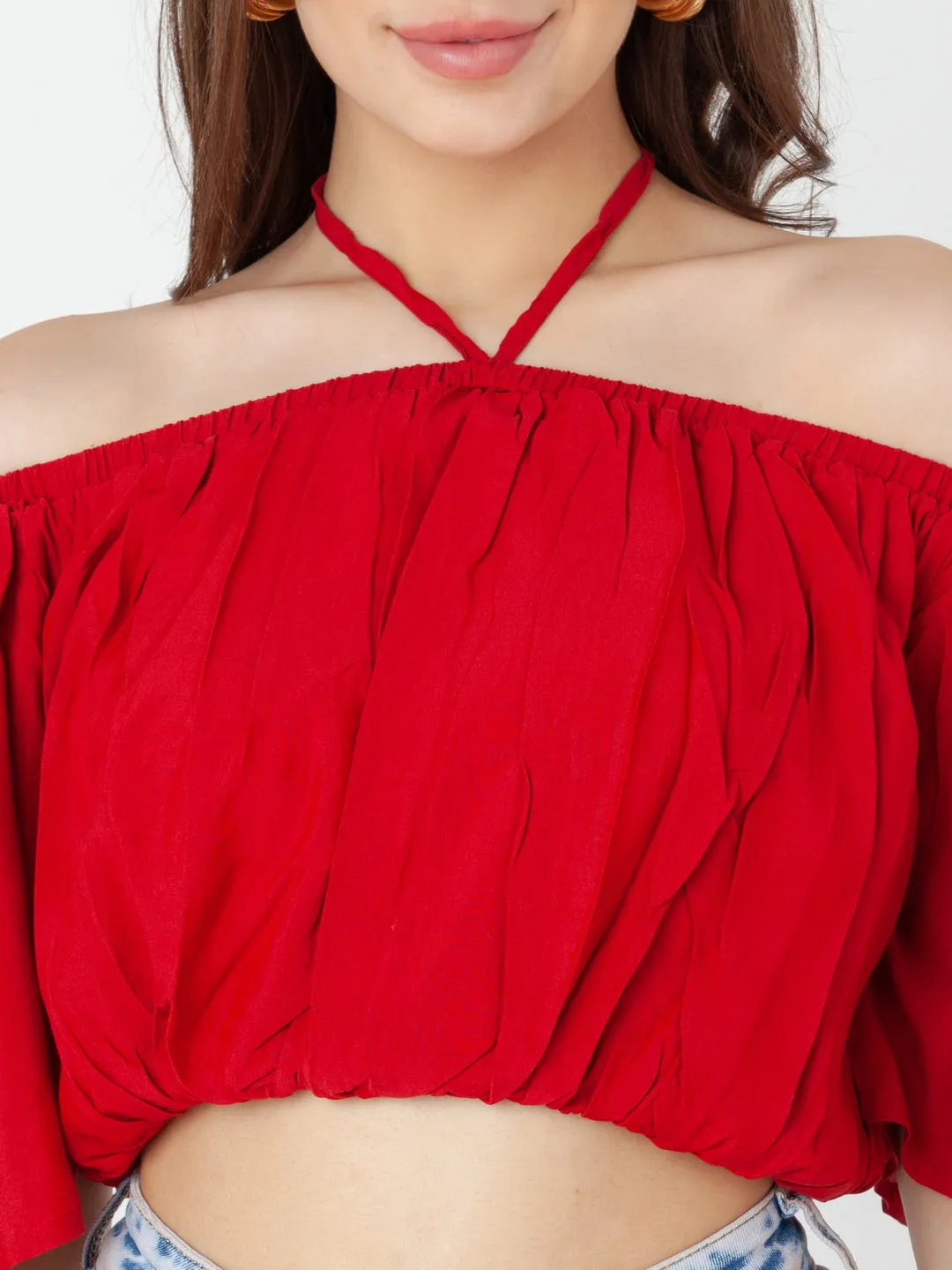 Red Solid Bardot Top