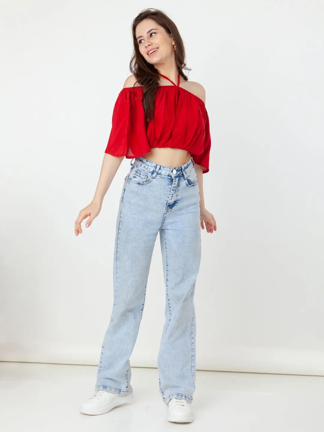 Red Solid Bardot Top