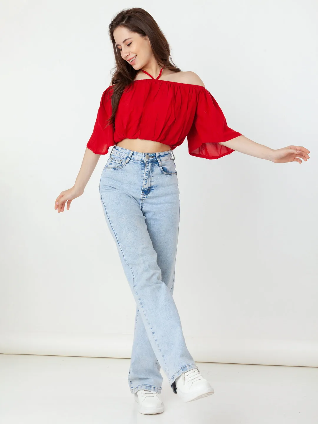 Red Solid Bardot Top