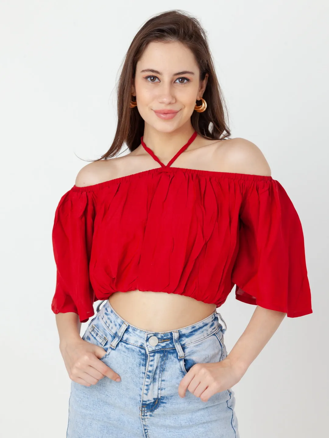 Red Solid Bardot Top