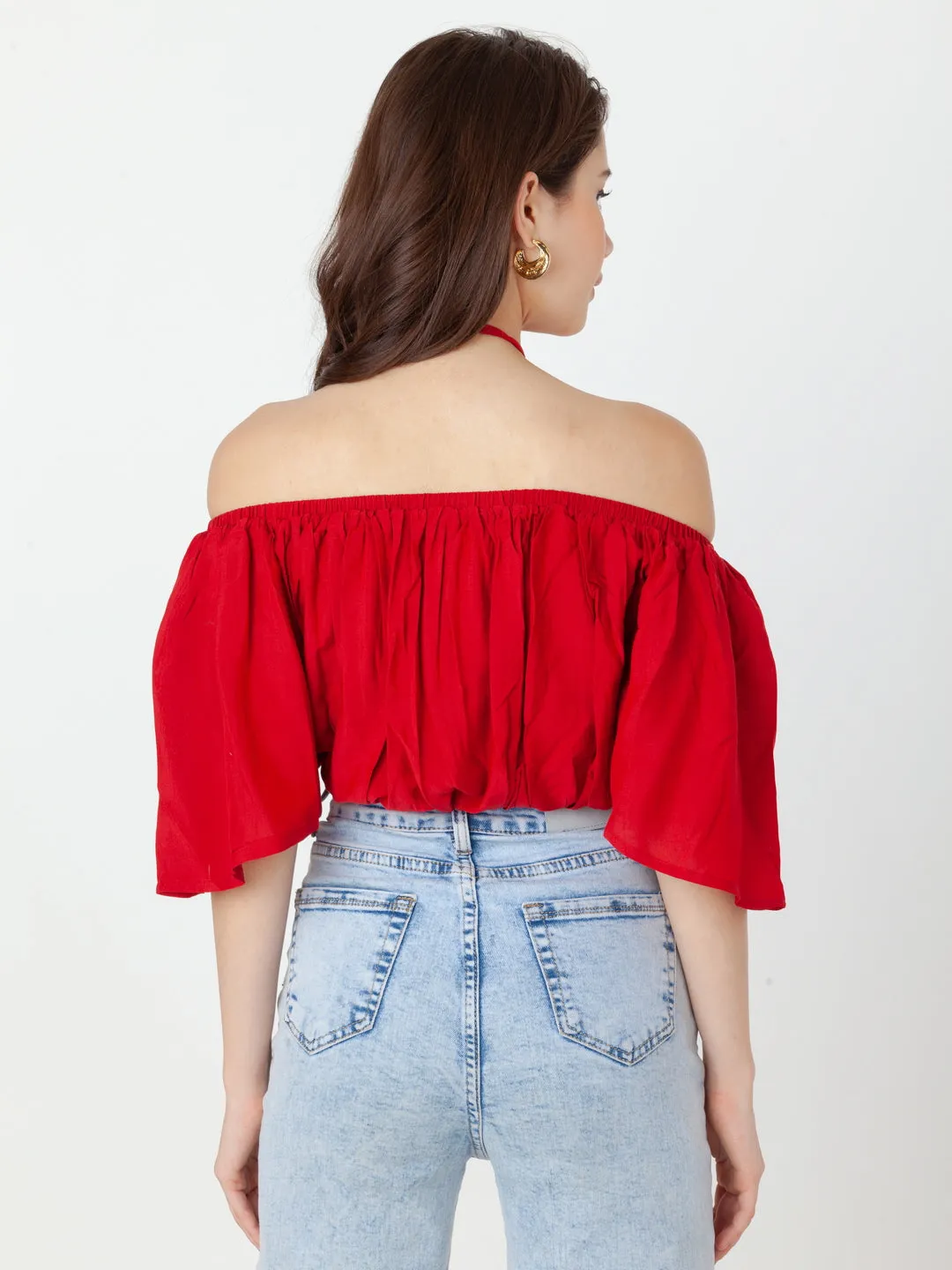 Red Solid Bardot Top