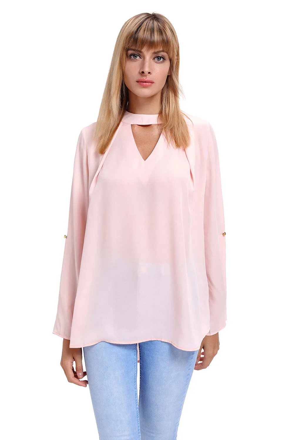 Sexy Pink Choker Cut out V Neck Blouse with Keyhole Back