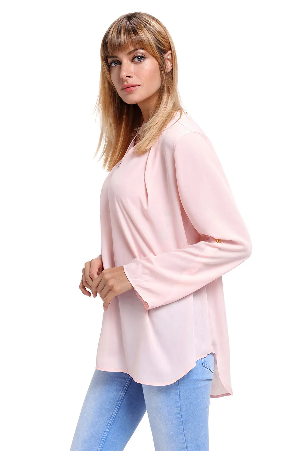 Sexy Pink Choker Cut out V Neck Blouse with Keyhole Back