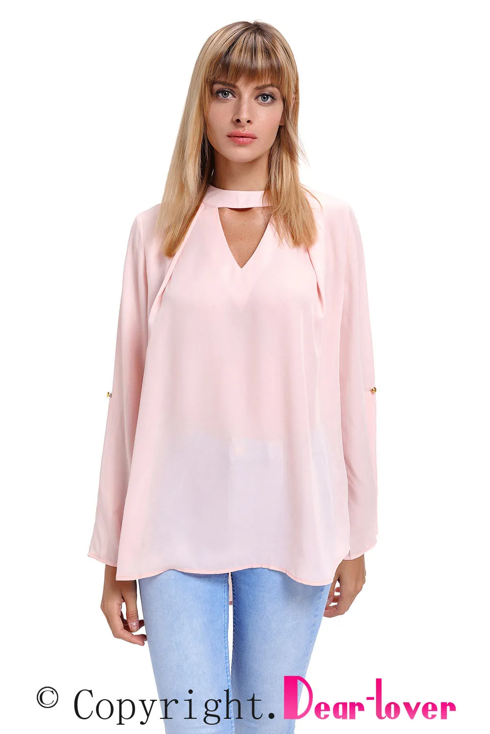 Sexy Pink Choker Cut out V Neck Blouse with Keyhole Back