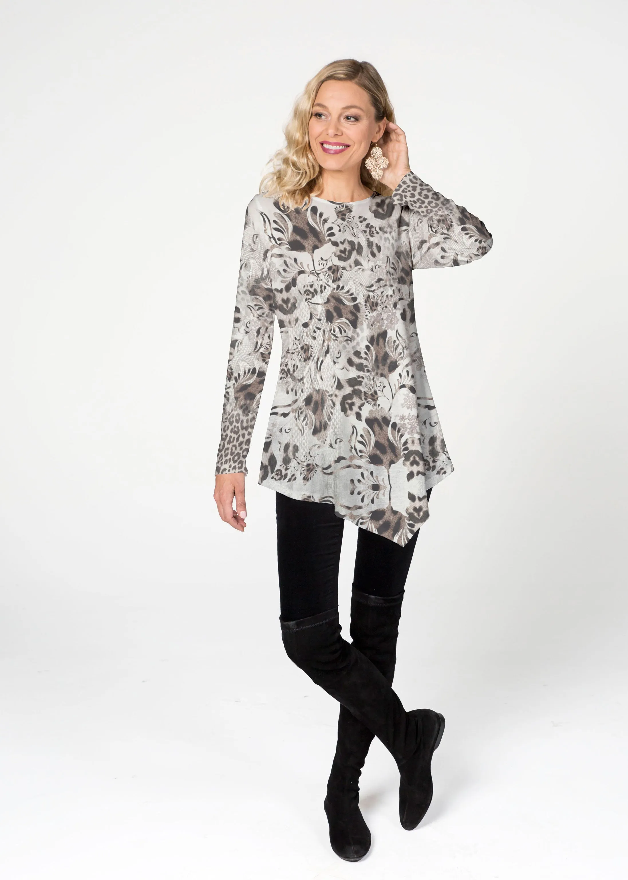 Tulip Leopard Multi  (7731) ~ Asymmetrical French Terry Tunic