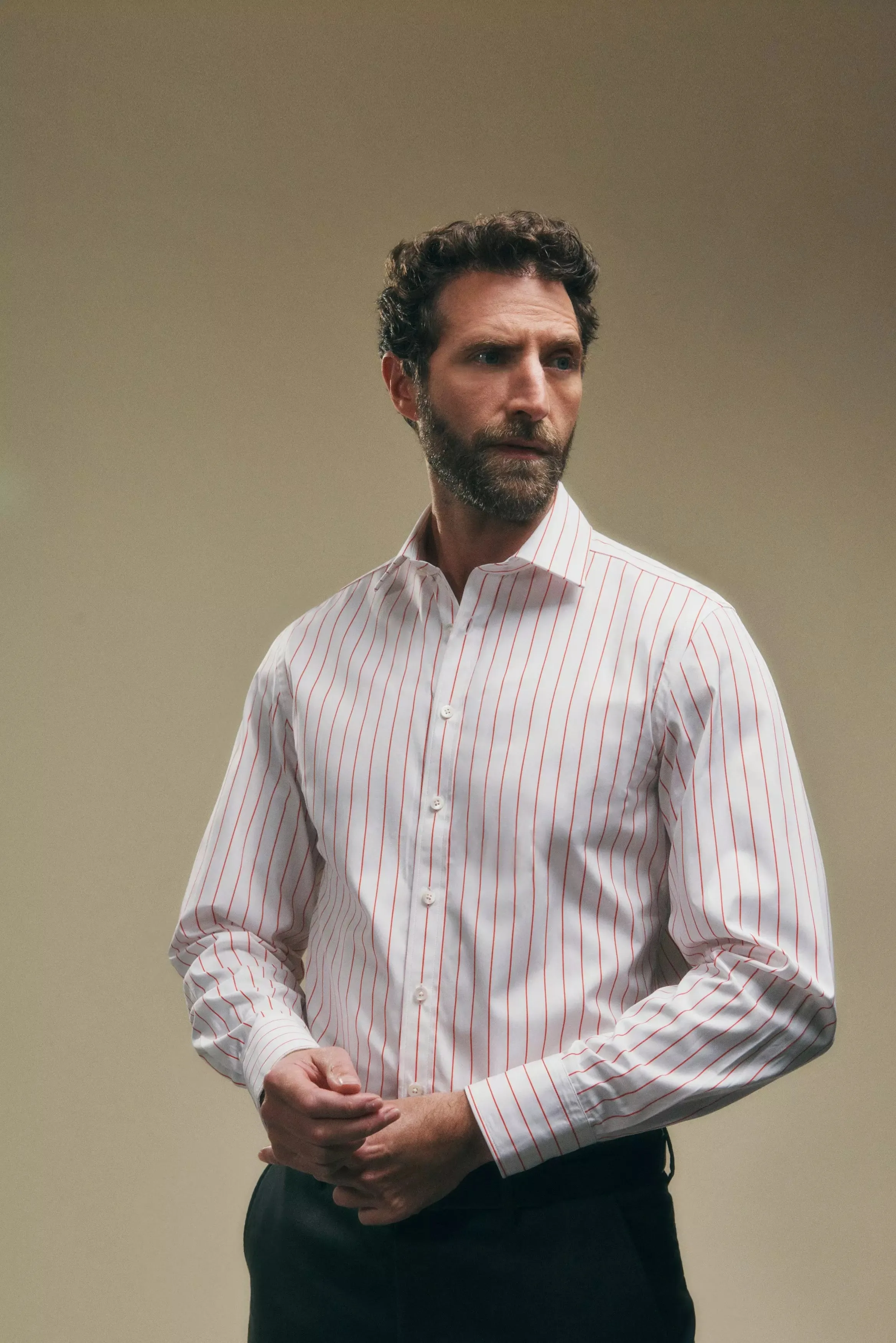 White & Red Tailored Fit Wide Pin Stripe Dress Shirt