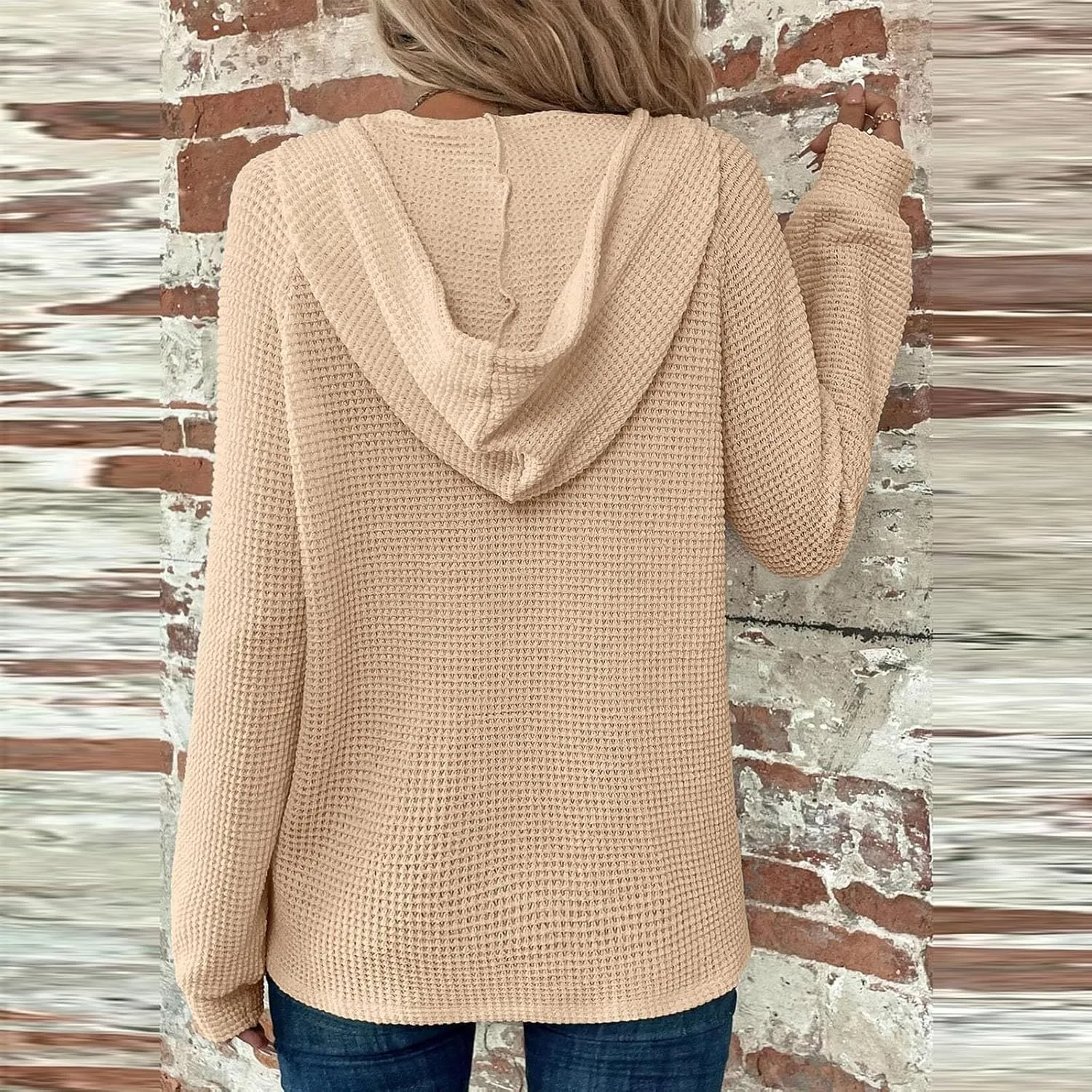 Womens Long Sleeve Hoodies 2024 Drawstring Sweatshirt Loose Button Comfy V-Neck Top Dressy Daily Clothes