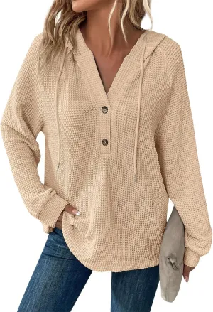 Womens Long Sleeve Hoodies 2024 Drawstring Sweatshirt Loose Button Comfy V-Neck Top Dressy Daily Clothes