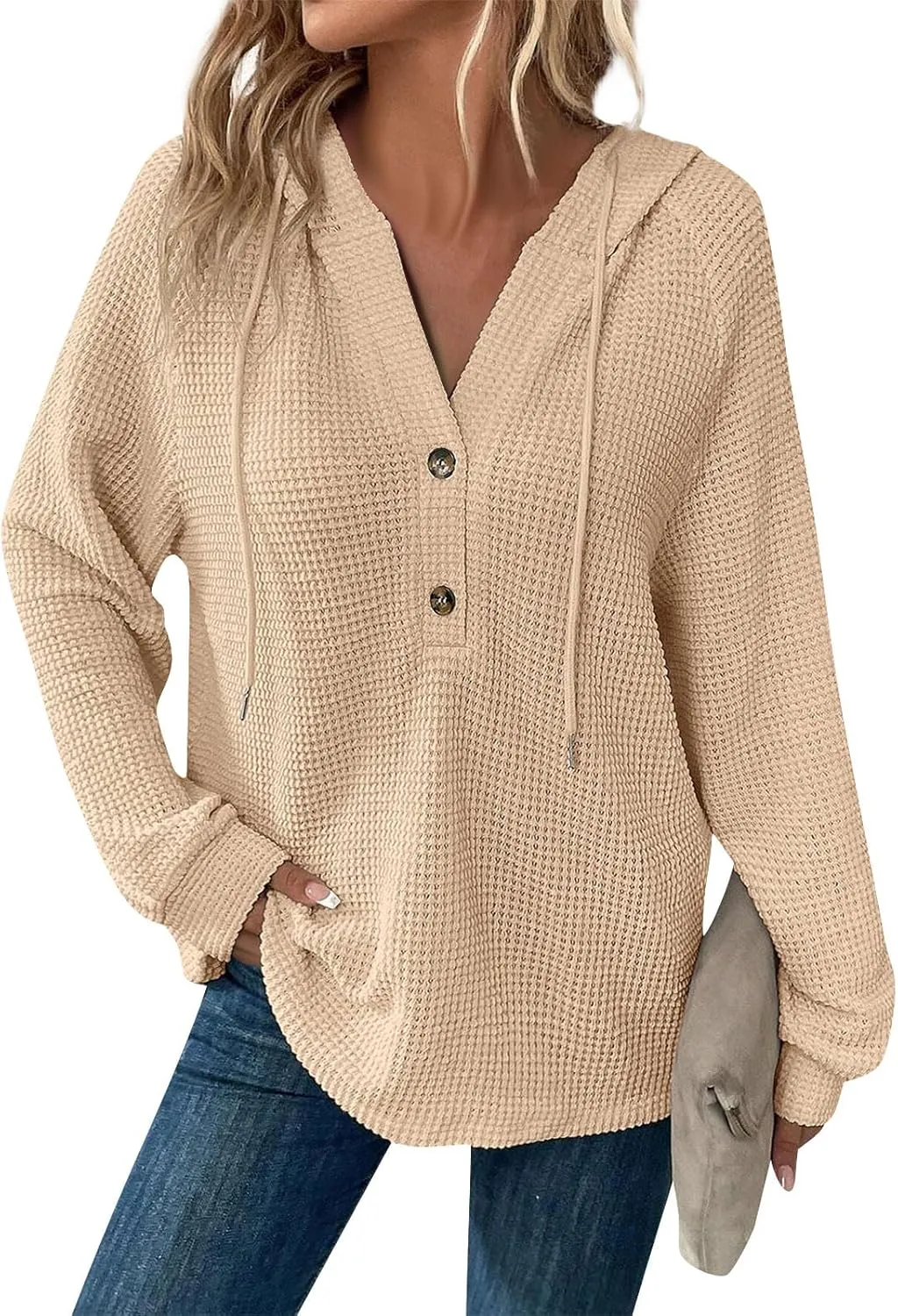 Womens Long Sleeve Hoodies 2024 Drawstring Sweatshirt Loose Button Comfy V-Neck Top Dressy Daily Clothes