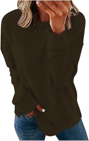 Womens Long Sleeves Sweatshirt Fitted Blouse Solid Color Round Neck Tops Pullover Casual Loose Fashion Hoodies