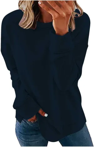Womens Long Sleeves Sweatshirt Fitted Blouse Solid Color Round Neck Tops Pullover Casual Loose Fashion Hoodies