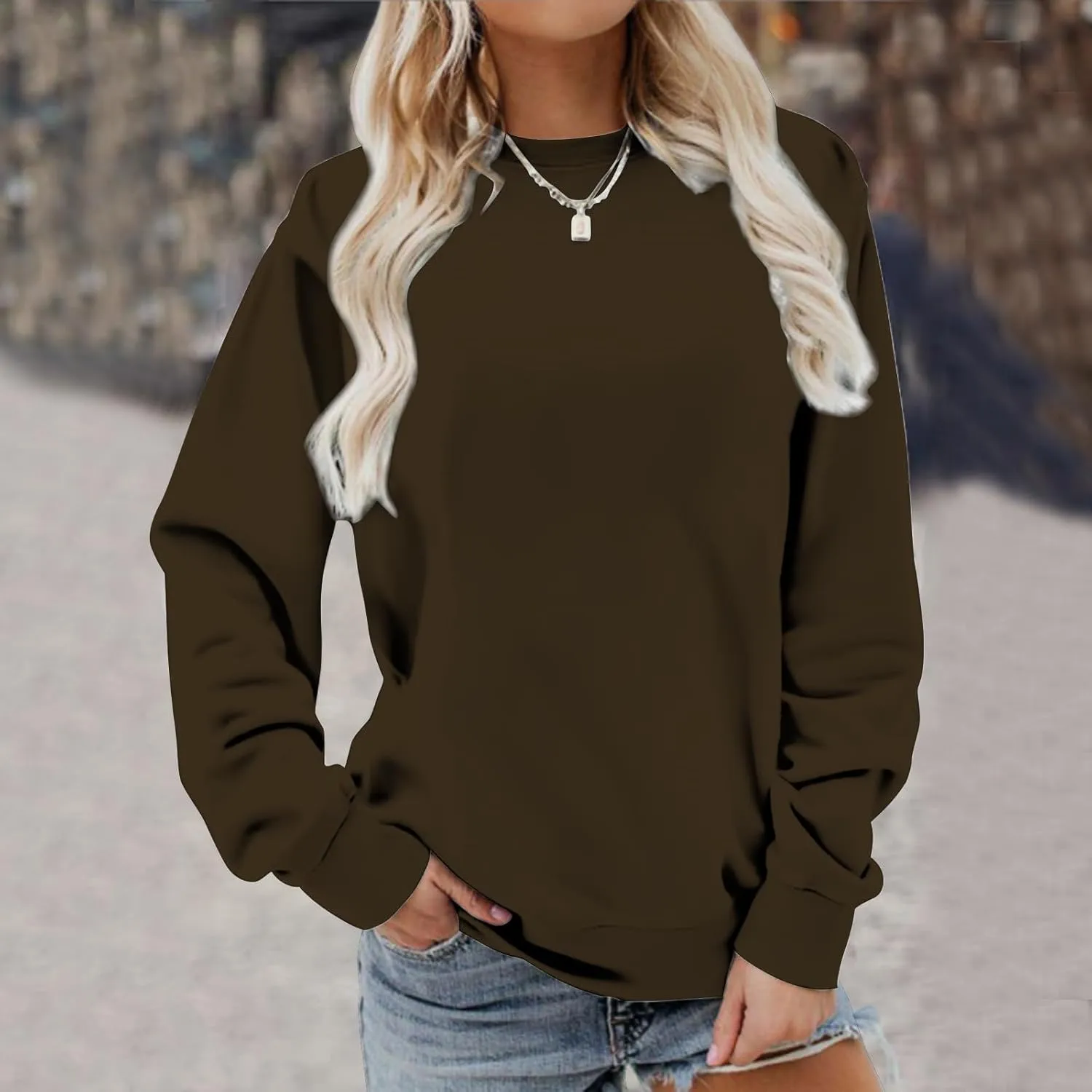 Womens Long Sleeves Sweatshirt Fitted Blouse Solid Color Round Neck Tops Pullover Casual Loose Fashion Hoodies