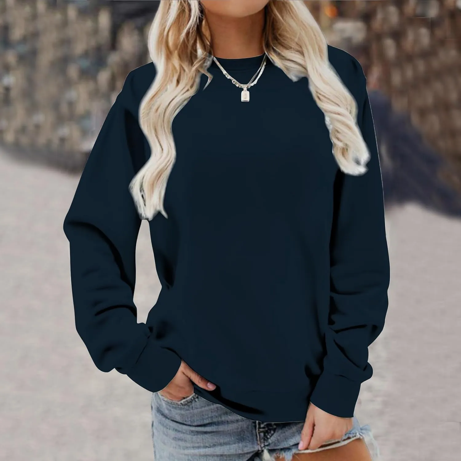 Womens Long Sleeves Sweatshirt Fitted Blouse Solid Color Round Neck Tops Pullover Casual Loose Fashion Hoodies