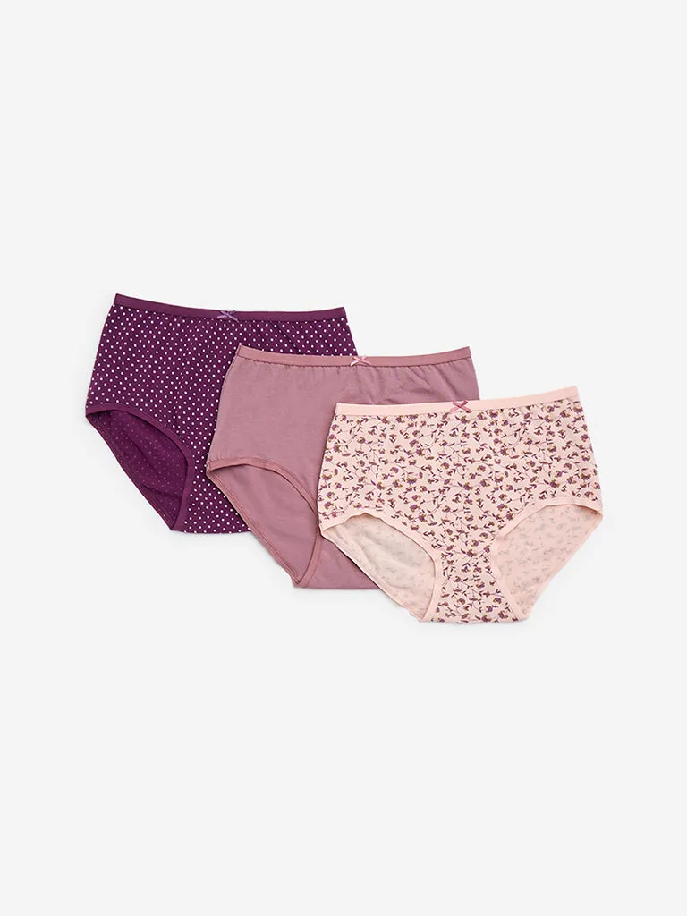 Wunderlove Mauve Printed Cotton-Blend Briefs - Pack of 3