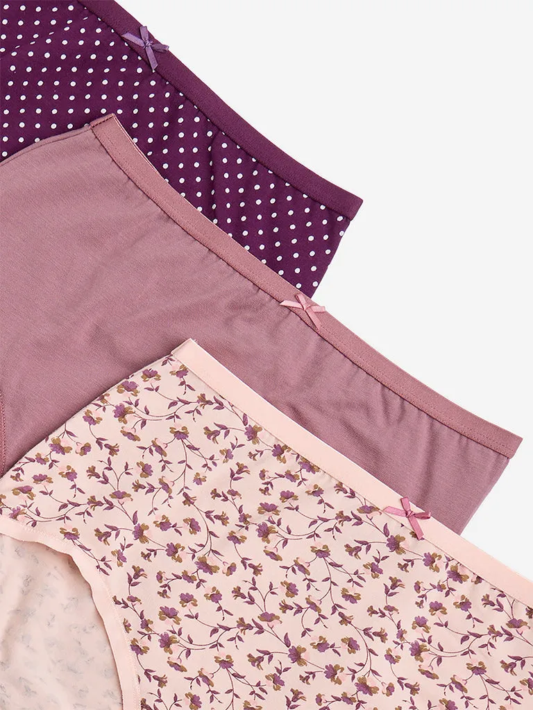 Wunderlove Mauve Printed Cotton-Blend Briefs - Pack of 3