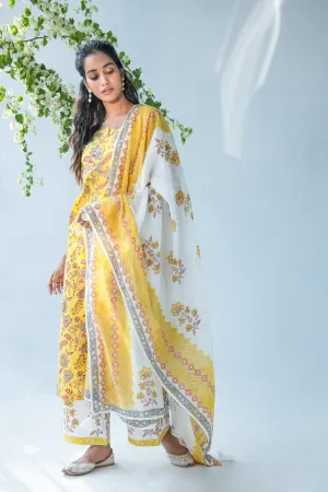Yellow hand block printed kurta with offwhite Palazzo and Dupatta